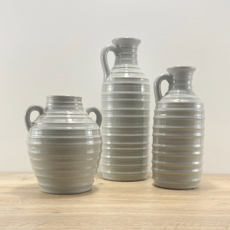 Grey Glazed Ribbed Vase with Handle - Small